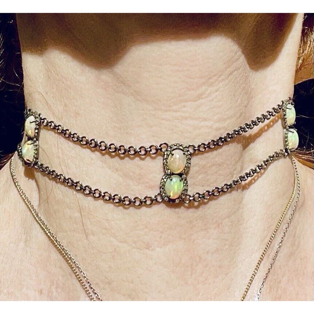 Sterling Silver .925 3 Chain Choker Real Opal And DIAMONDS. BEAUTIFUL!! Omg